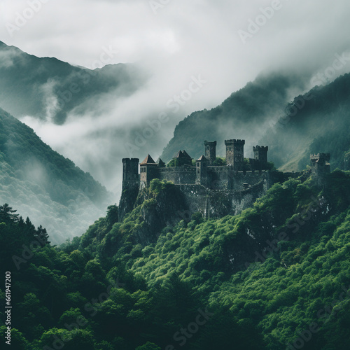 A castle standing in the mountains and surrounded by magical green necrotic fog