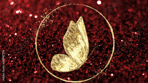 Red glitter, gold glitter, sparkles, frame gold butterfly photo
