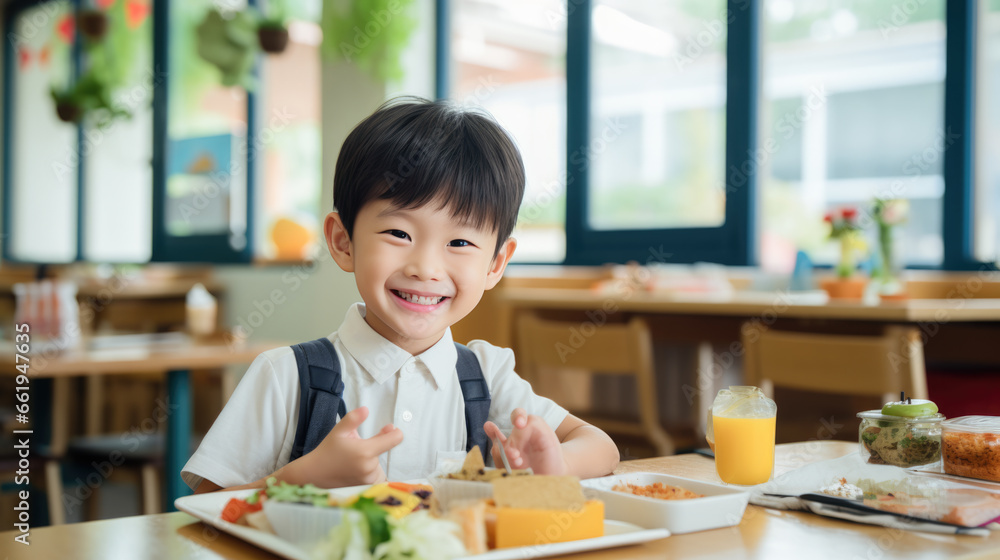 Young boy preschooler sitting in the school cafeteria eating lunch. Young boy preschooler sitting in the school cafeteria eating lunch.