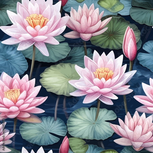 seamless pattern of pink water lilies