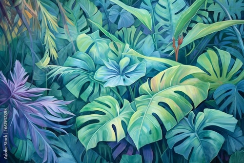 Lush tropical foliage in soft pastel shades. Generative AI