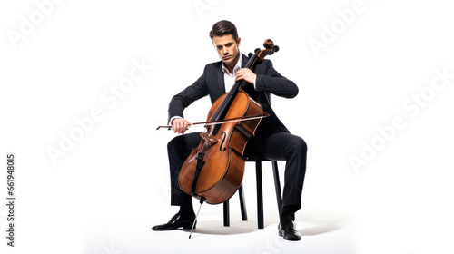 Man playing cello on white background