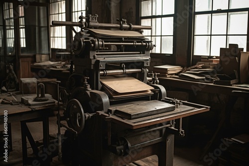 An image of a vintage printing press with typesetting desk and equipment in an old press works. Generative AI photo