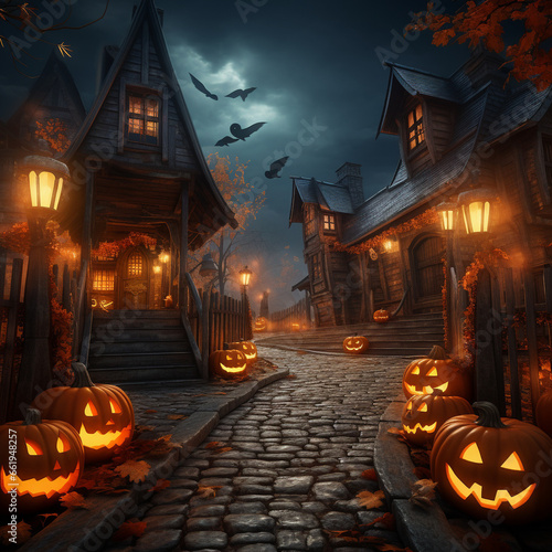 magical medieval village in the mountains with halloween decorations