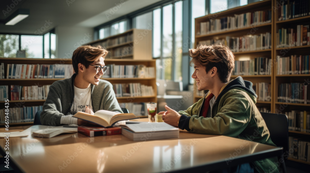 Two student friends sitting in the library getting ready for class Two student friends sitting in the library getting ready for class