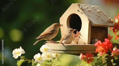 sparrow house  in the garden with flowers  © Alizaay