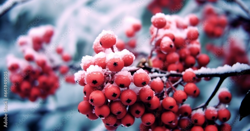Branch with red berries frozen, generative ai. Branch with red berries frozen, generative ai.