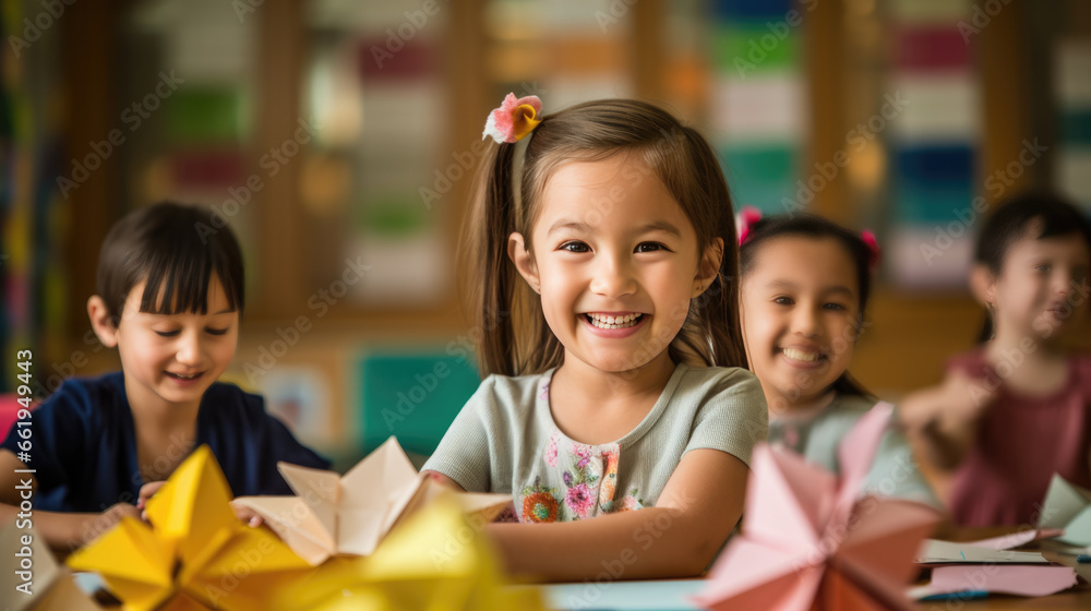 Young preschooler makes a paper and paint craft for classroom lessons Young preschooler makes a paper and paint craft for classroom lessons