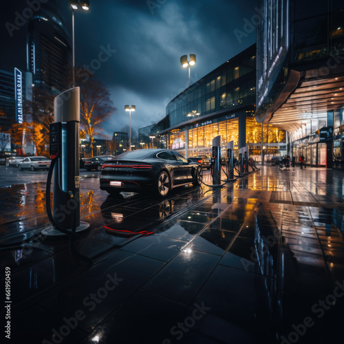 electric sports car charging its battery on a charger in a modern city