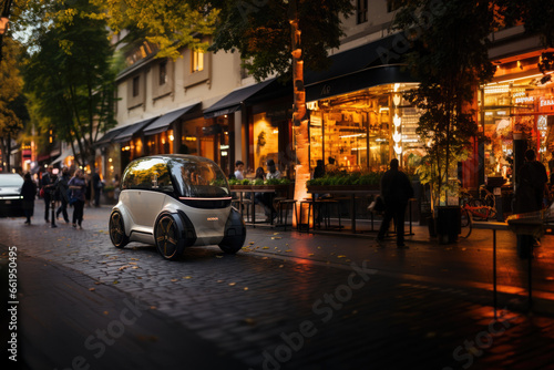 tiny innovative and modern electric vehicle for urban mobility. circulates on a pedestrian street where there are groups of people and shops