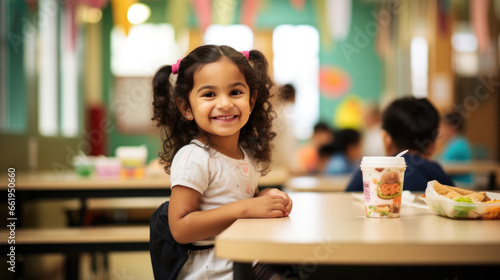 Young girl preschooler sitting in the school cafeteria eating lunch.