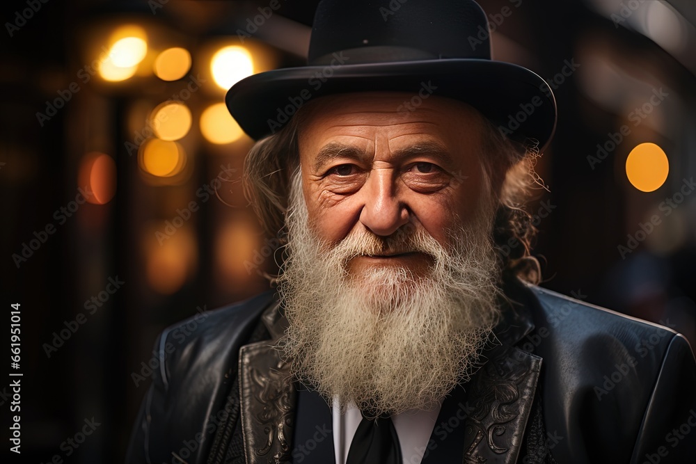 A vibrant scene of Jewish individuals adorned in traditional attire, walking down a bustling street A vibrant scene of Jewish individuals adorned in traditional attire, walking down a bustling street
