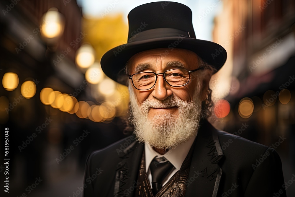 The colorful diversity of Jewish culture on display as individuals don traditional garments during a casual street walk The colorful diversity of Jewish culture on display as individuals don traditional garments during a casual street walk