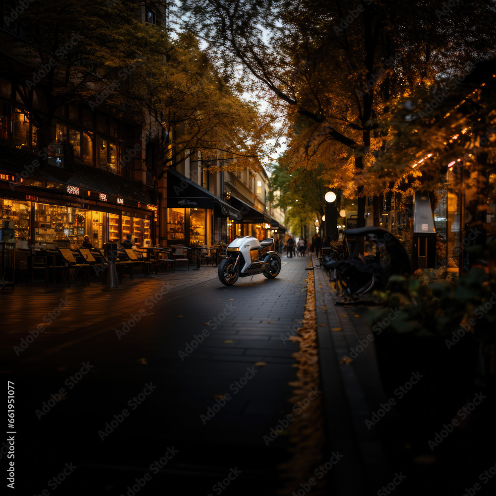 small electric and technological motorcycle for urban mobility. circulates along a pedestrian street in a city where cafes and restaurants abound