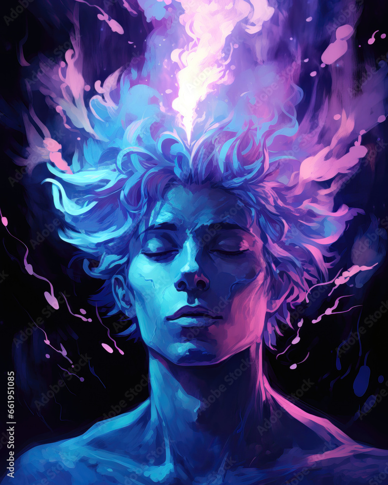 Digital painting of a beautiful man with blue hair and pink smoke