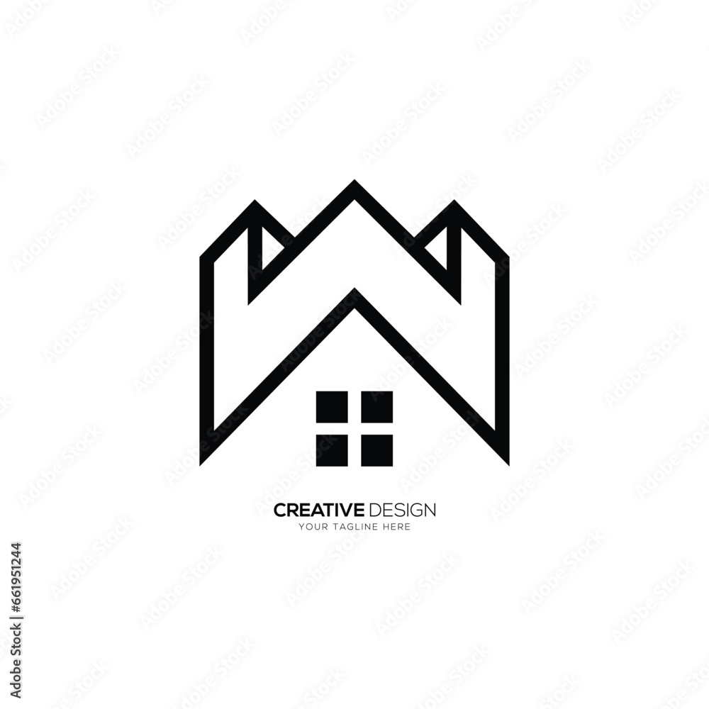 Letter W with modern real estate roofing business elegant line art negative space monogram logo
