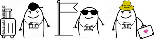 Thumb man. Vacation. Tourist with suitcase and photo camera. Tourist at a tourist spot. Tourist holding a suitcase and wearing a hat.Charcter emotional. New set of characters in the style of meme flor