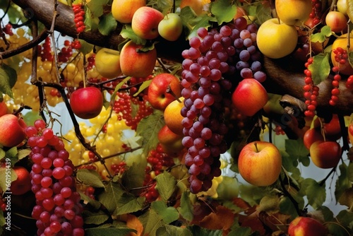 An abundant yield of fall produce on a branch. Generative AI photo