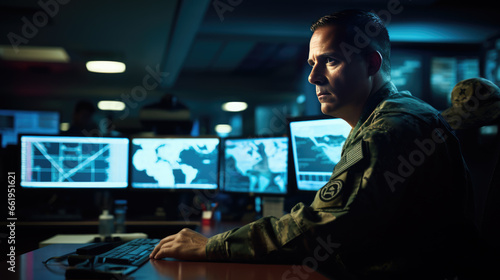 An officer sits in a military command center and monitors data on computer monitors