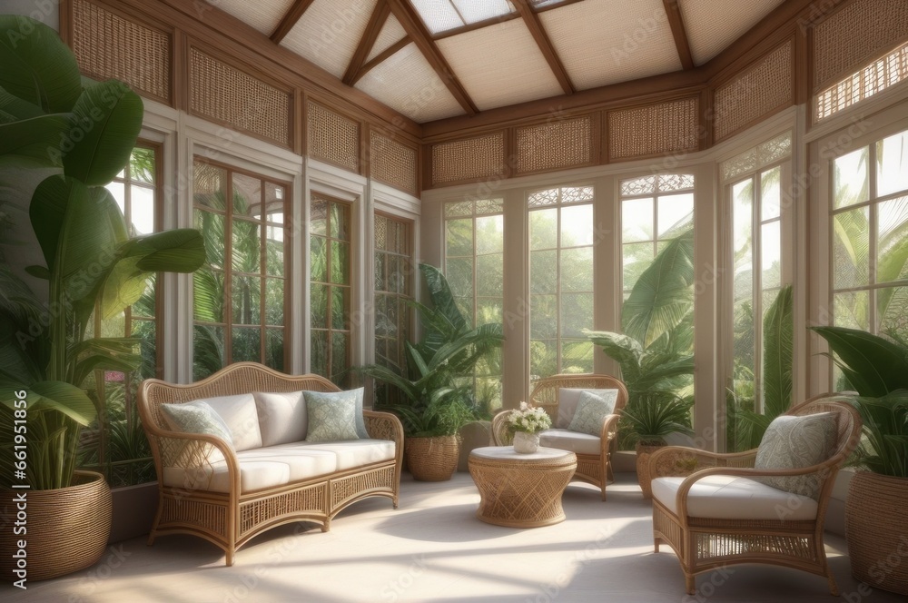 Fototapeta premium A charming sunroom with wicker furniture, tropical plants, and a view of the garden, botanical decor