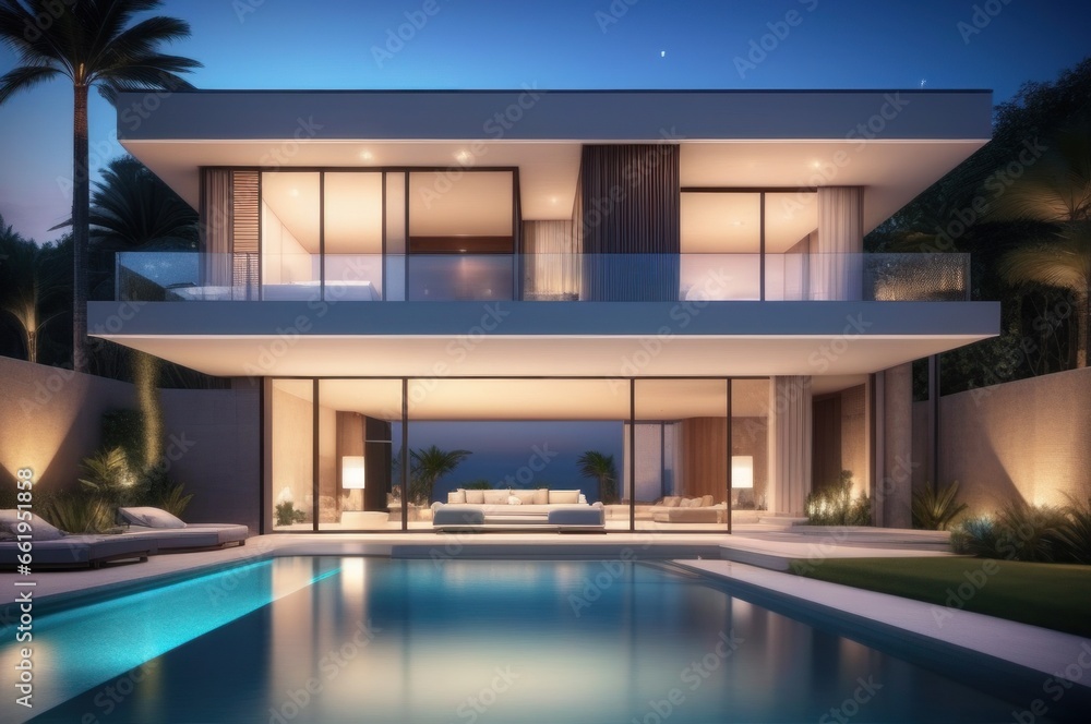 Modern luxury house with a swimming pool at night. Wealth and success concept Modern luxury house with a swimming pool at night. Wealth and success concept