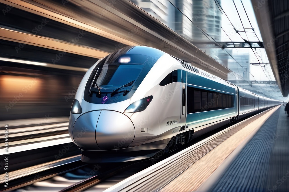 Fototapeta premium High speed passenger train in motion on the railway station at sunset in a city. Modern intercity train on railway platform with motion blur effect. Urban scene with railroad. Railway transportation