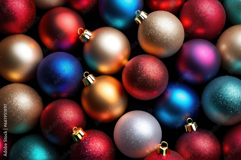 Christmas and New Year background, ornament of bright multi-colored glass decorative Christmas balls and baubles, shining lights and sparkles, close up macro Christmas and New Year background, ornament of bright multi-colored glass decorative Christmas balls and baubles, shining lights and sparkles, close up macro