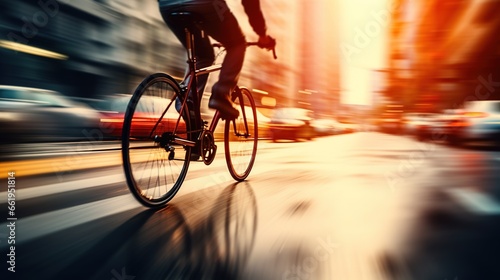 Young man cycling very fast in the city during a traffic jam, effective transportation concept
