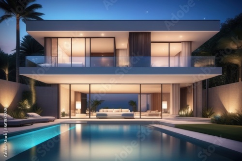 Modern luxury house with a swimming pool at night. Wealth and success concept