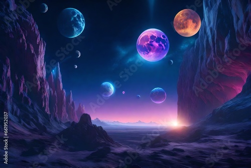 An alien world with surreal landscapes, towering crystalline formations, and multiple moons hanging in the sky. photo