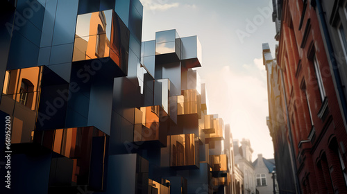 Modern sustainable geometrical architecture with asymmetrical futuristic design in contemporary smart city downtown photo