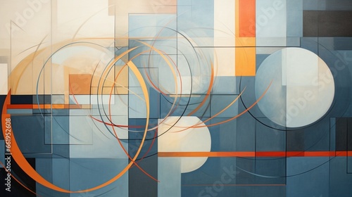 Craft an abstract geometric composition using intersecting lines and translucent layers  exuding a sense of depth and complexity.
