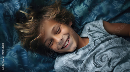 Top view of a preschool child lying in bed in the evening before bedtime. Bedtime story, restful sleep all night, comfortable bedding. 