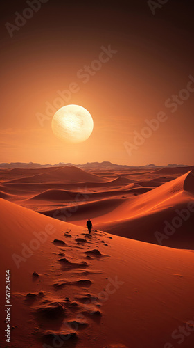 Hiker on sand dune in the desert at sunset