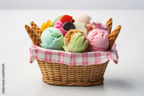 Multicolored ice cream dessert in a small faffle basket on a white background