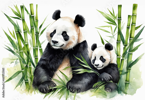 panda with a cub sitting among bamboo watercolor illustration