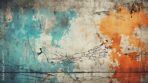 Create a distressed abstract background with cracked concrete and graffiti tags. photo