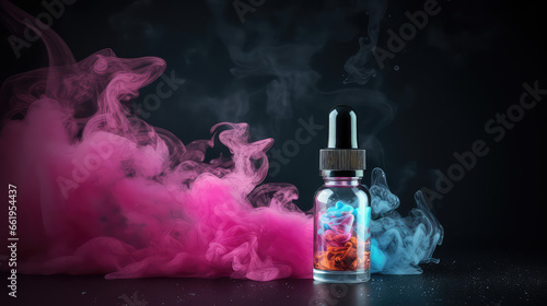 Creative promotional banner with mockup bottle of vape liquid with empty label, copy space. 3d render illustration style. 