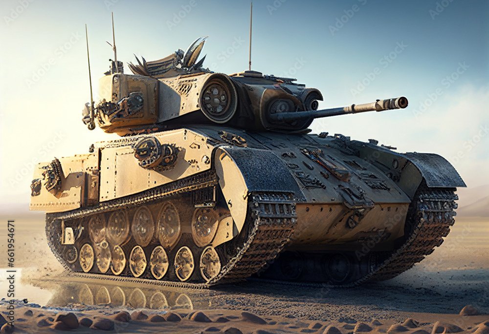 Tank on a battlefield. Desert landscape.