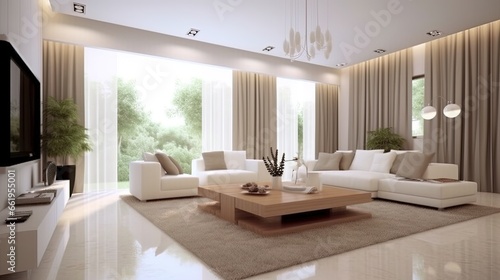 Minimalist soft color interior design for a living room, generated by AI © Resi