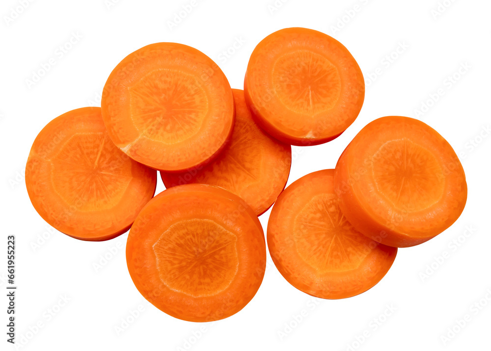 Fresh beautiful orange carrot slices in stack isolated on white background witch clipping path in png file format. Top view and close up Fresh beautiful orange carrot slices in stack isolated on white background witch clipping path in png file format. Top view and close up