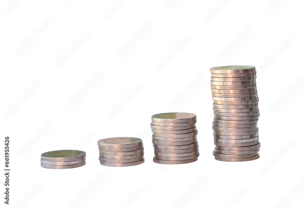 Silver coins in separated stacks isolated on white background with clipping path in png file format. Money growth concept in investment and saving money Silver coins in separated stacks isolated on white background with clipping path in png file format. Money growth concept in investment and saving money