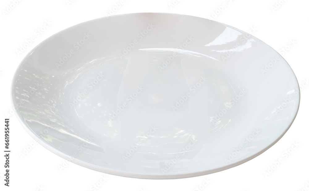 Single white ceramic plate isolated on white background with clipping path in png file format. Close up photo