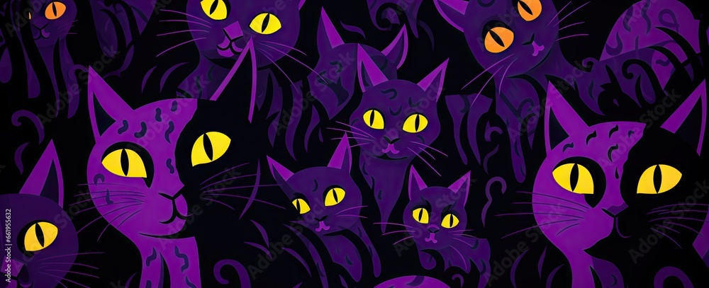 halloween purple & black cat pattern Generative AI halloween purple & black cat pattern Generative AI