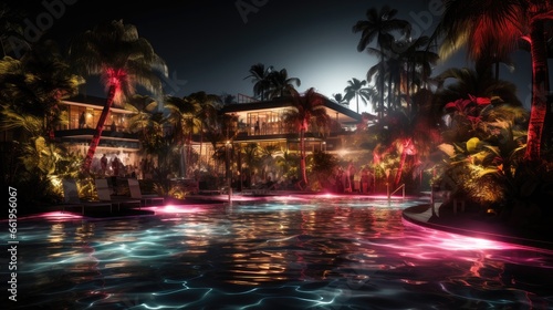 Nighttime Pool Party. Enjoying the Pool Under Starry Skies with Beautiful Pool Lights © Natalia