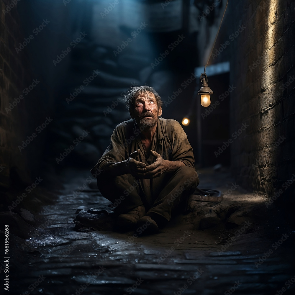Digital painting of a poor old beggar sitting on a cobblestone street praying and looking up to the sky