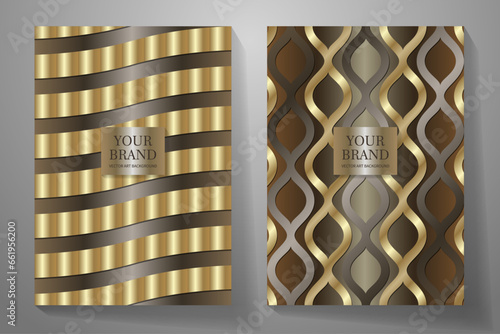 Gold elegant cover design set. Luxury vector background collection with gold lines and 3d shapes for cover design, invitation, poster, flyer, wedding card, luxe invite, prestigious voucher, menu.