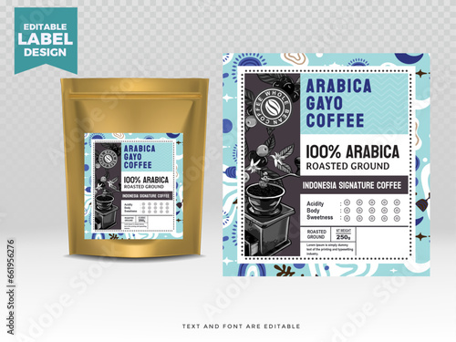 Coffee label design template with mockup standing pouch, editable text. Editable text label coffee design. Vector illustration