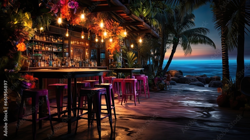 Tropical Oasis. Vibrant Tiki Bar Amidst Lush Background Tropical Oasis. Vibrant Tiki Bar Amidst Lush Background