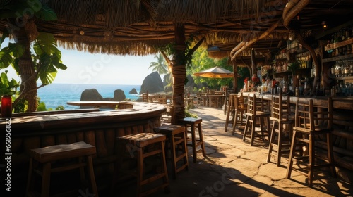Tropical Oasis. Vibrant Tiki Bar Amidst Lush Background